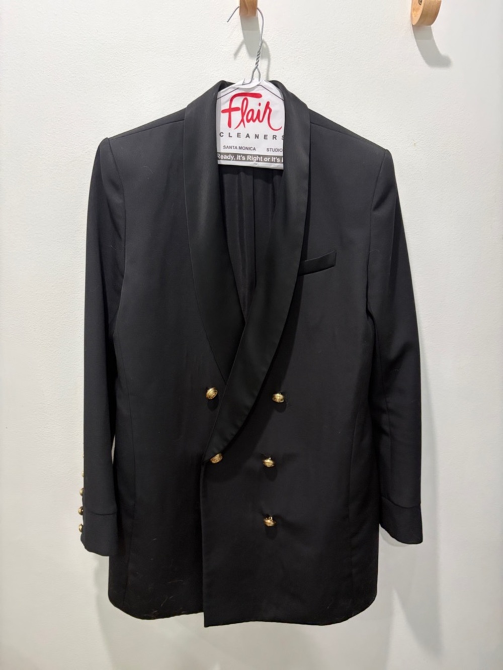 Balmain Black Double-Breasted Tuxedo Blazer with Gold Buttons
